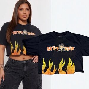 Betty Boop Cropped T Shirt Flame Graphic Biker Black XL